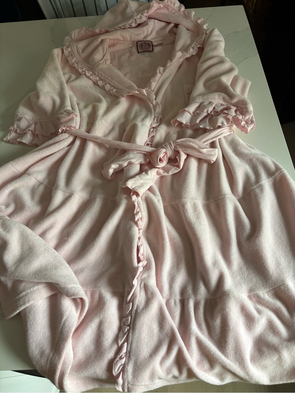 Vintage y2k Juicy Couture Pale Pink Ruffle Hooded Tie-Waist Robe